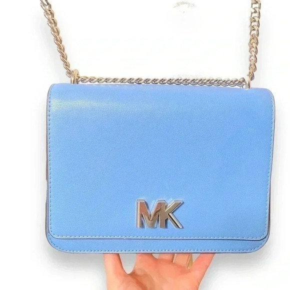 NEW Michael Kors Mott Large Two Tone Blue Leather Crossbody Silver Shoulder Bag - Picture 3 of 12